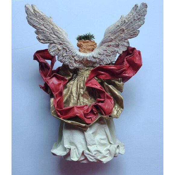 Antique Angel Figurine With Wings Holding Green Scroll & Red Ribbon Accents - Picture 5 of 16